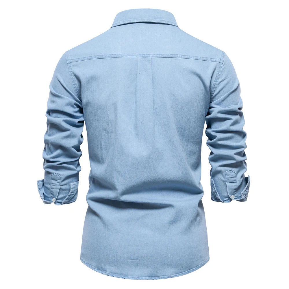 Men’s Autumn Denim Shirt – Slim Fit Cotton-Elastic Double Pocket