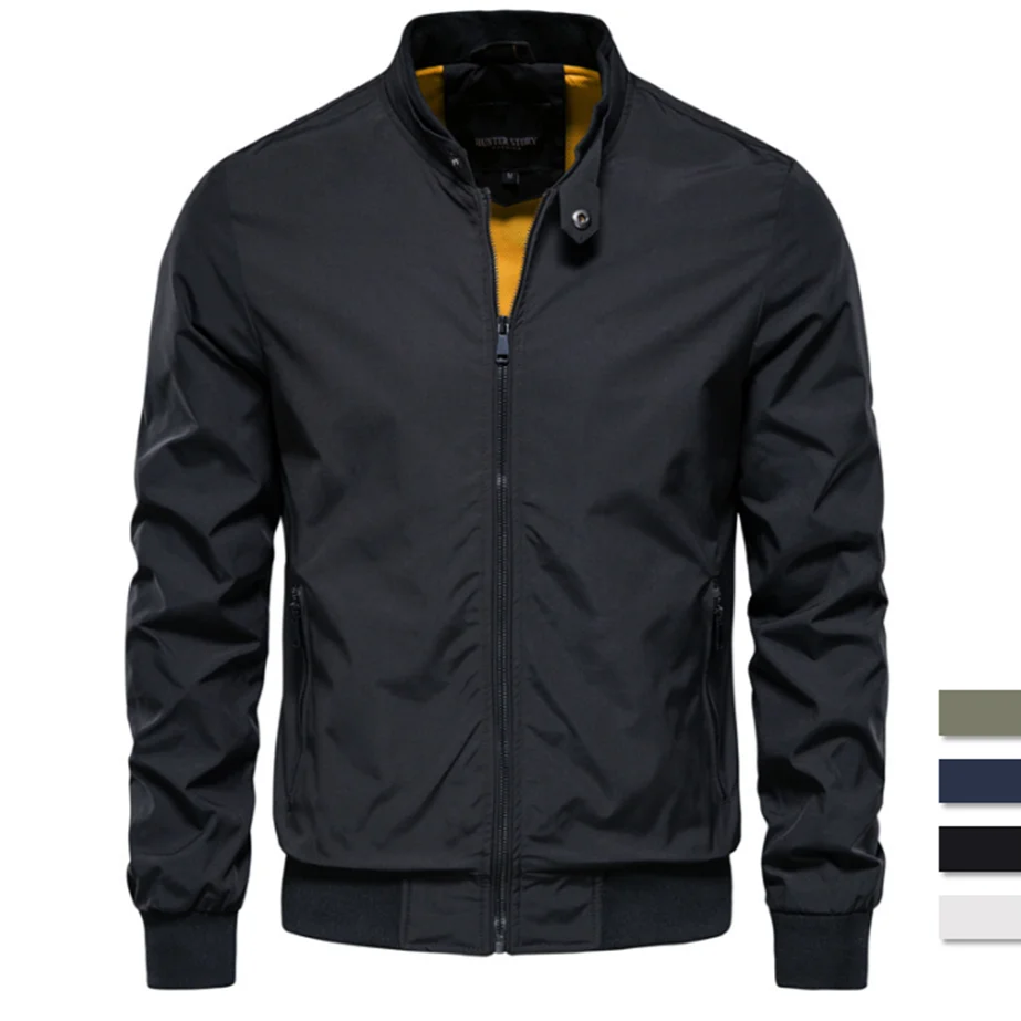 Men’s Solid Color Bomber Jacket – Slim Fit Stand Collar for Autumn