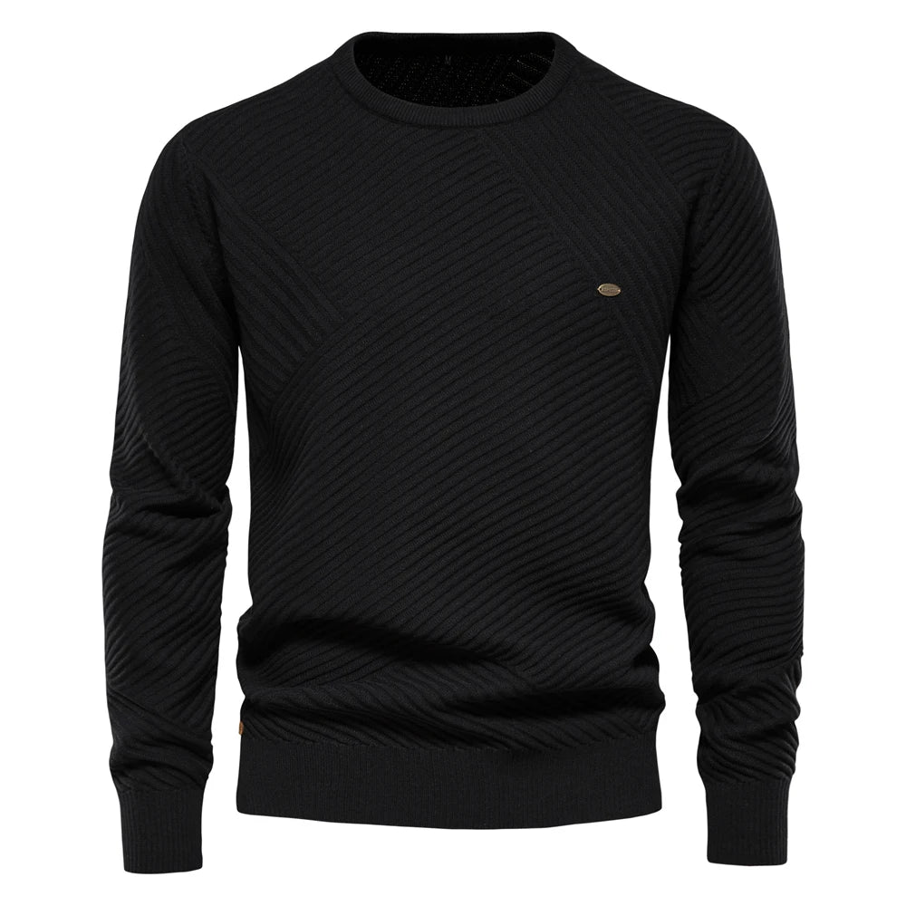 Men's Solid Color Cotton Sweater - Striped O-Neck Knitted Pullover