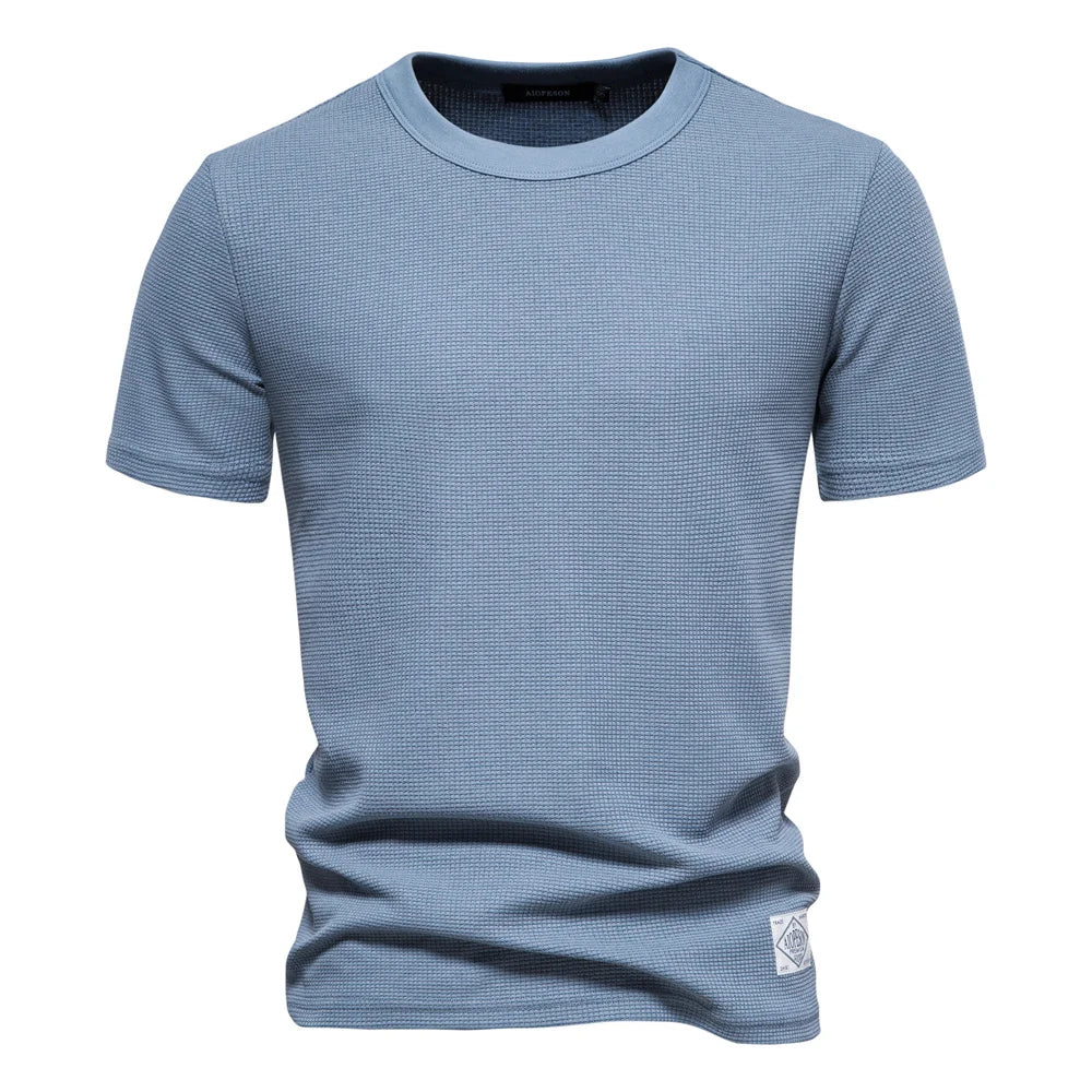 Men's Solid Color Waffle T-Shirt – Casual Short-Sleeve Travel Wear