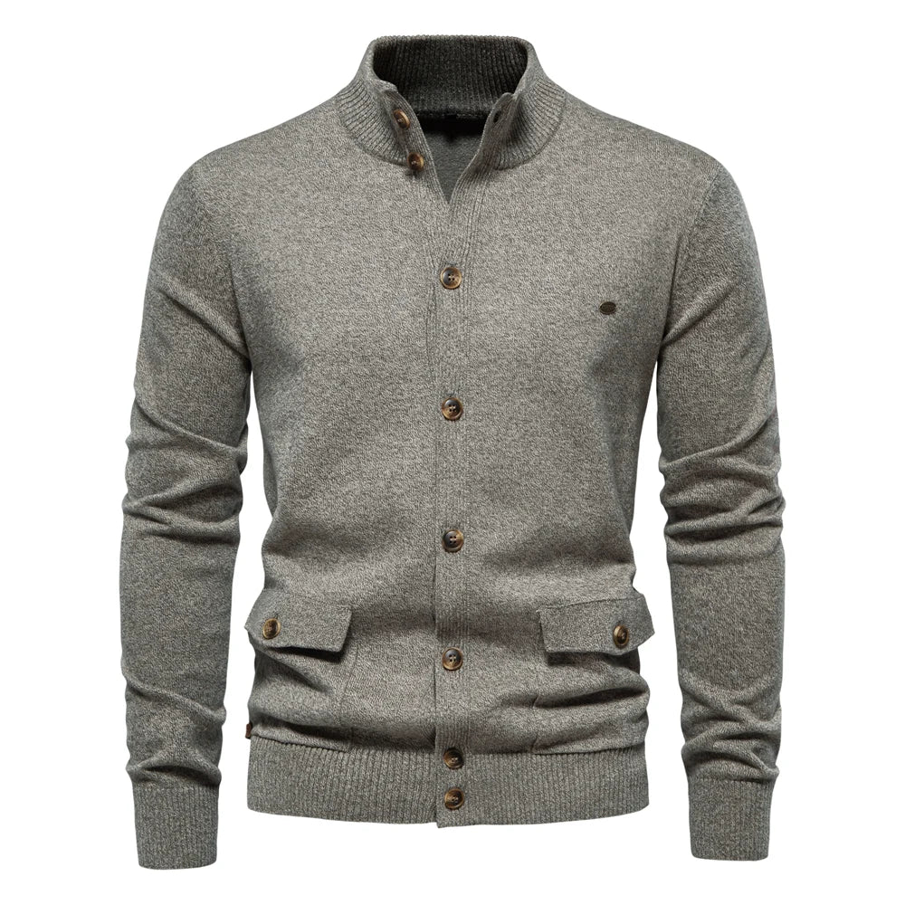 Men’s Knit Mock Neck Cotton Cardigan – Button-Up Autumn Sweater Jacket