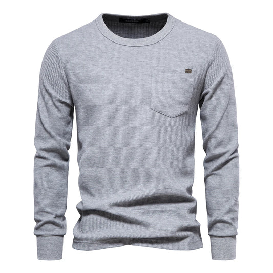 Men's Waffle Cotton Long Sleeve T-Shirt with Pocket - Breathable Spring Basic