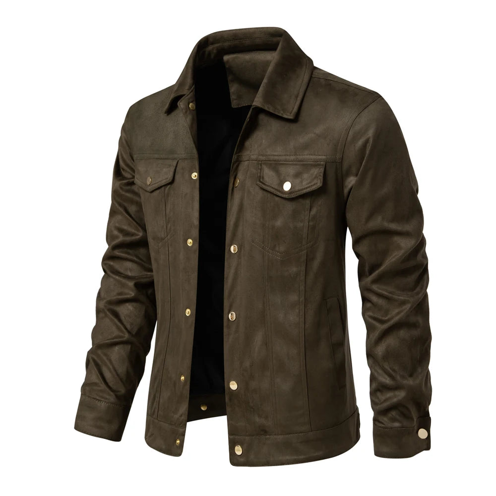 Men’s Suede Leather Jacket – Autumn Winter Luxury Casual Turn-Down Collar