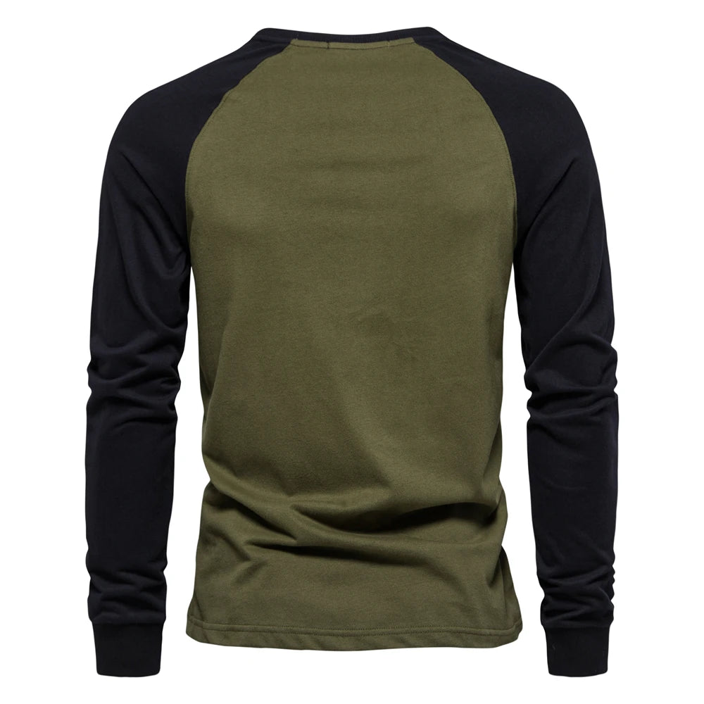 Men’s 100% Cotton Long Sleeve T-Shirt – Patchwork Casual Spring Tee