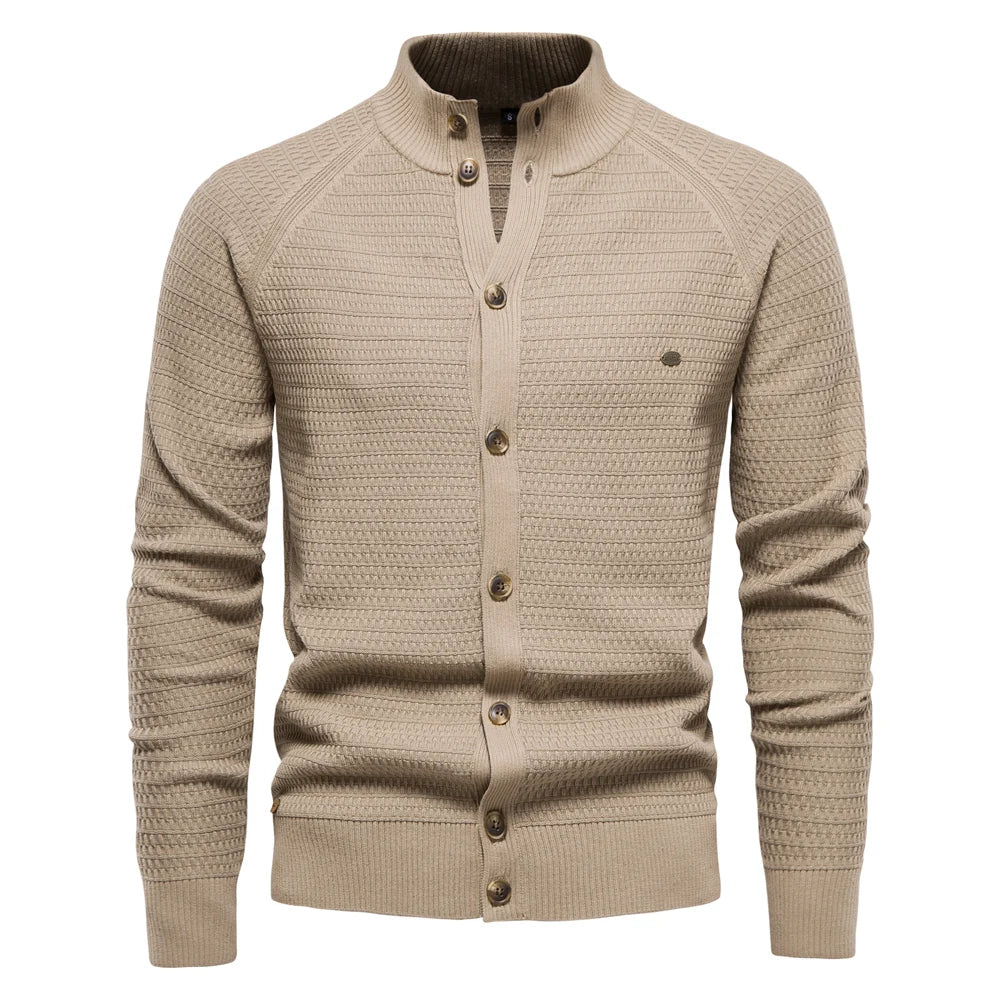 Men’s High-Quality Cotton Button Mock Neck Cardigan – Winter Sweater