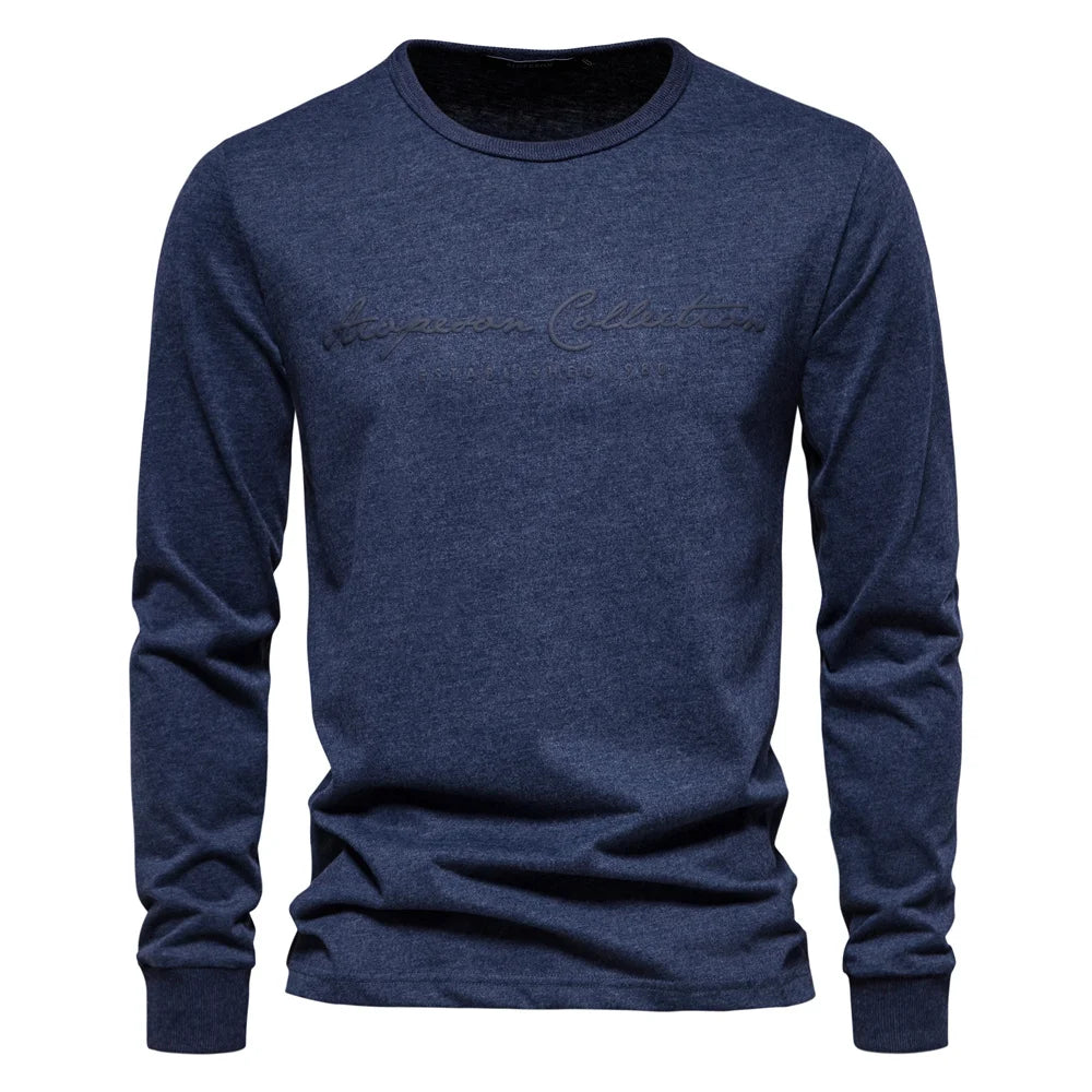 Men’s 100% Cotton Long Sleeve T-Shirt – Solid Color with Letter Print