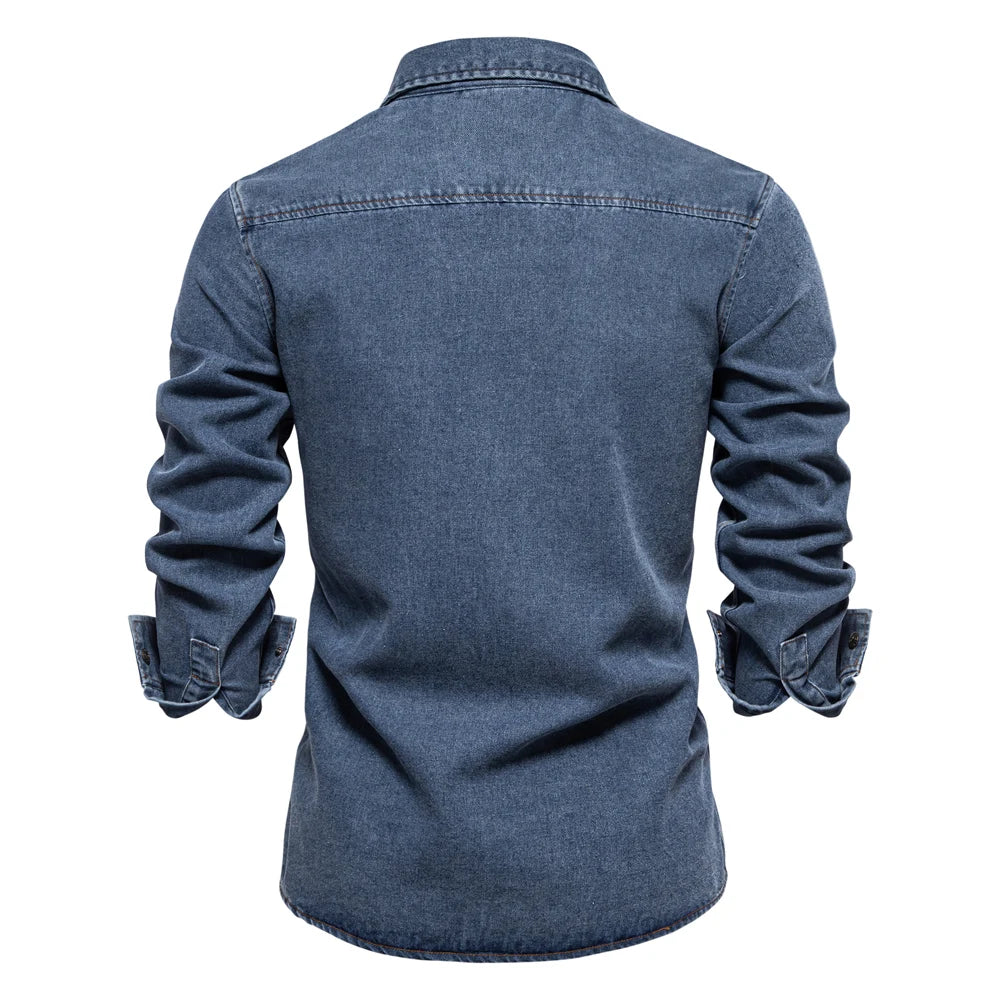 Men’s 100% Cotton Denim Shirt – Autumn Thick Cowboy Button-Up