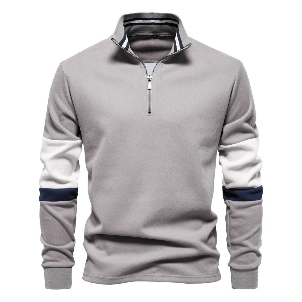 Men's Patchwork Quarter-Zip Sweatshirt - Cotton-Blend Casual Pullover