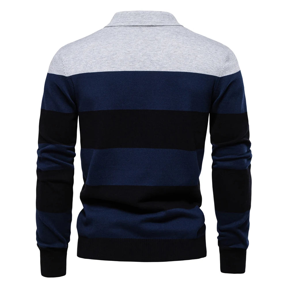 Men's Striped Cotton Knit Sweater – Polo Collar Button-Up