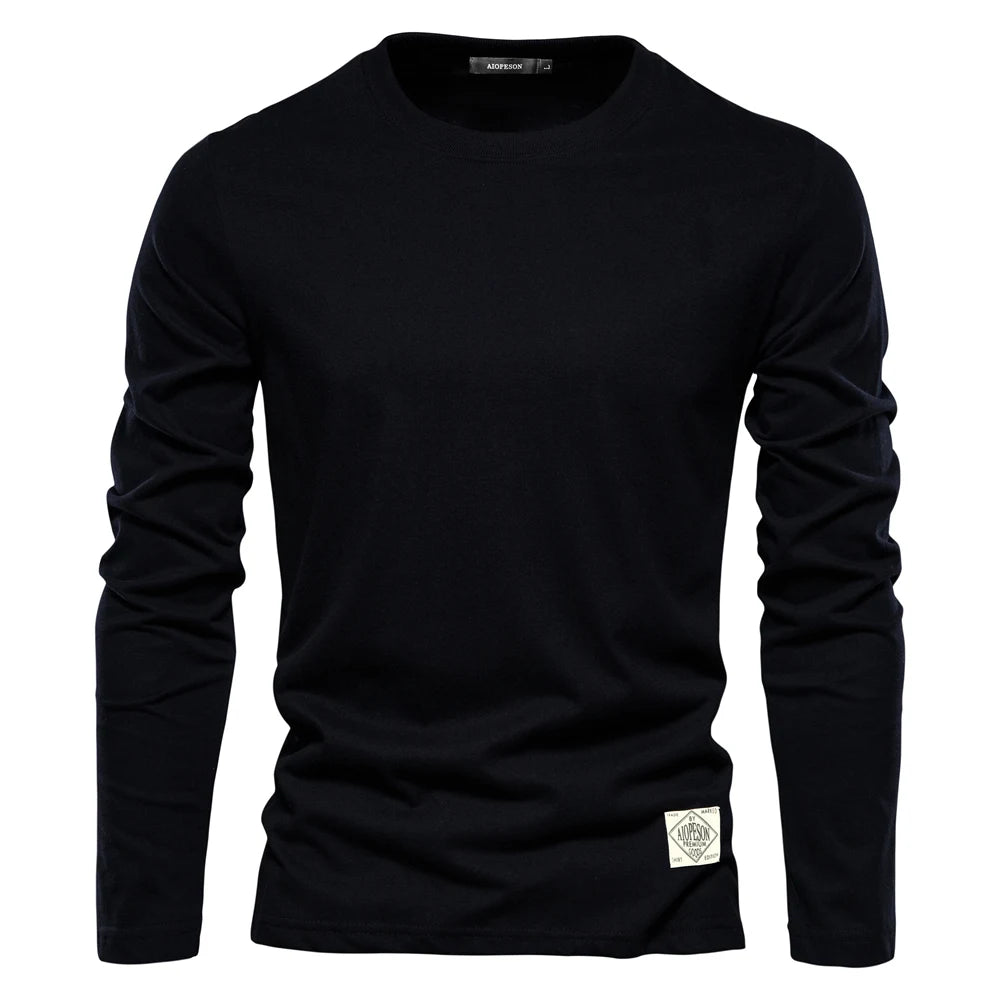 Men’s 100% Cotton Long Sleeve T-Shirt – Solid Casual Spring Classic