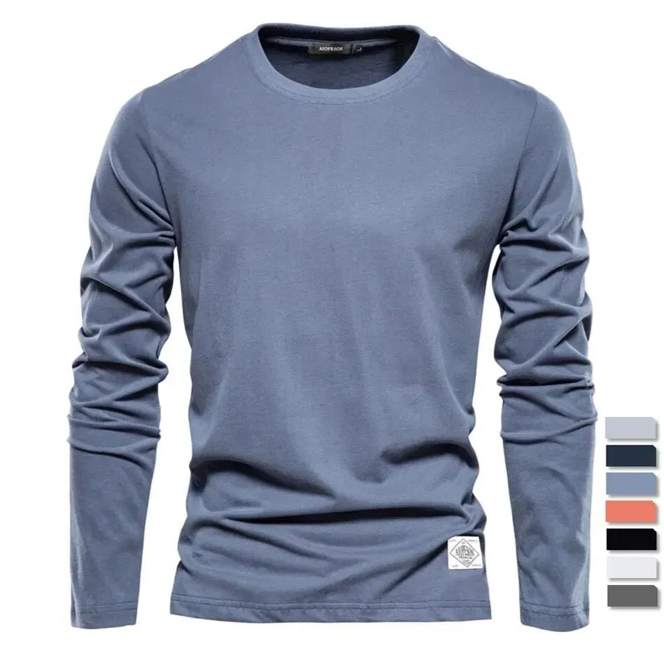 Men’s 100% Cotton Long Sleeve T-Shirt – Solid Casual Spring Classic