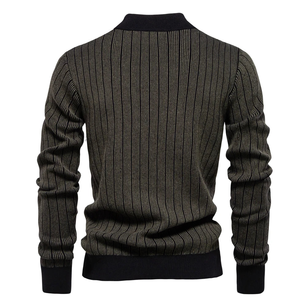 Men’s Mock Neck Cotton Pullover Sweater – Warm Striped Knit