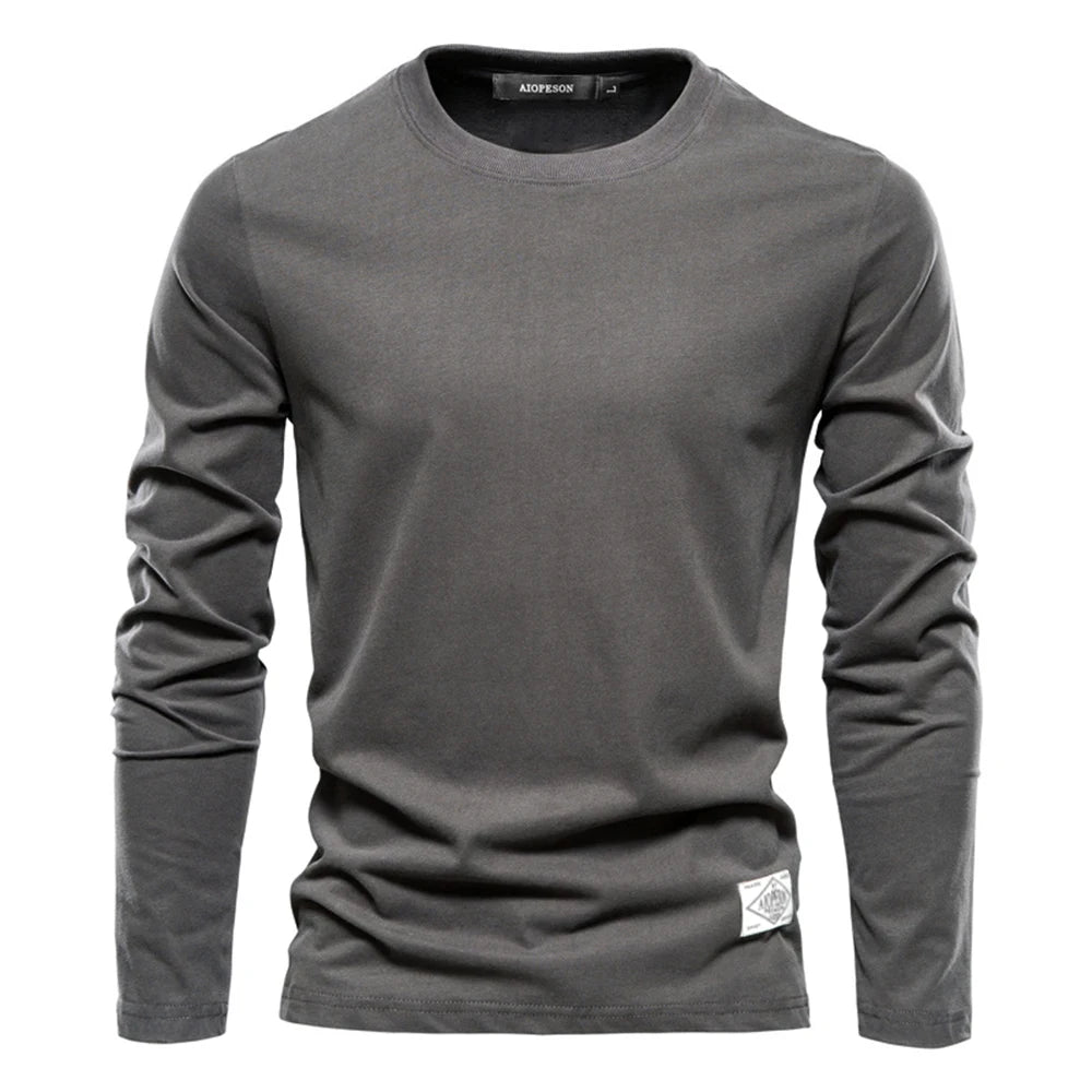 Men’s 100% Cotton Long Sleeve T-Shirt – Solid Casual Spring Classic