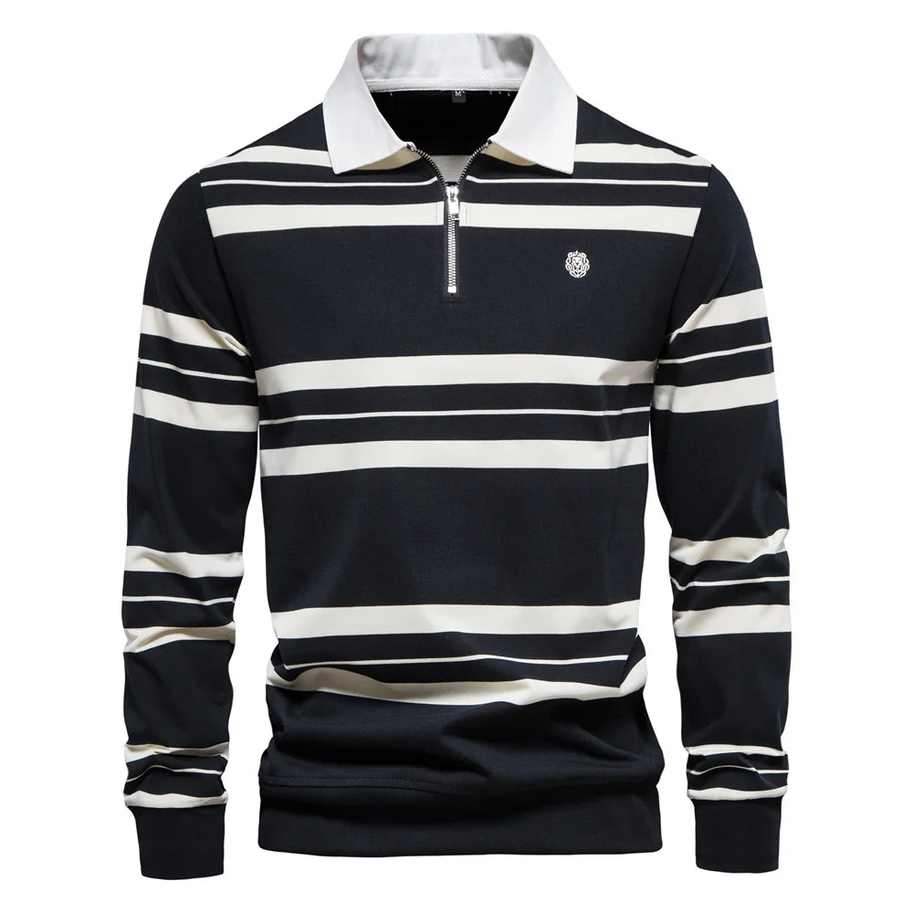 Men’s Cotton Striped Polo Shirt – Long Sleeve Zipper Design