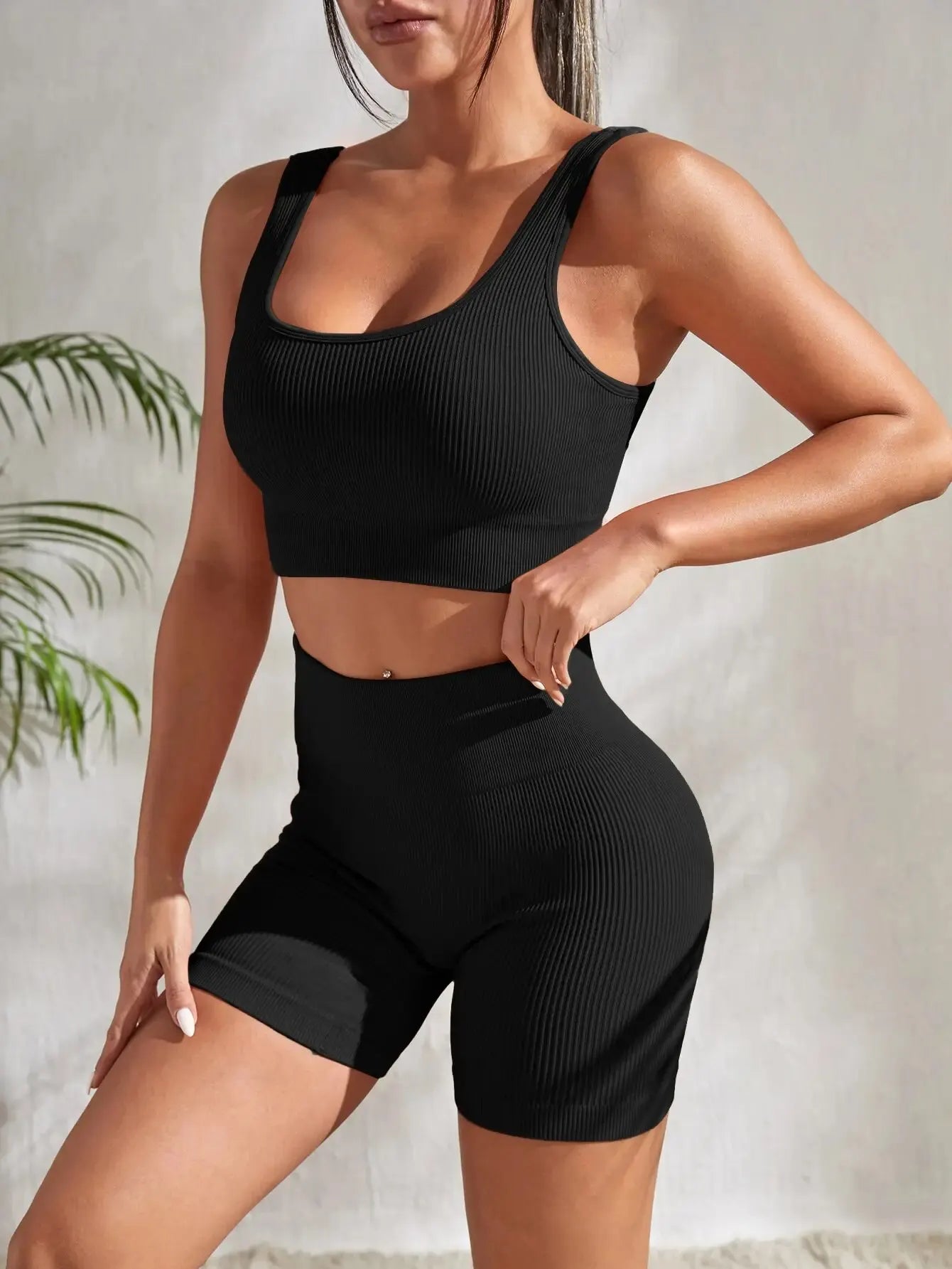 Seamless Ribbed Set – Crop Tank & High-Waist Shorts