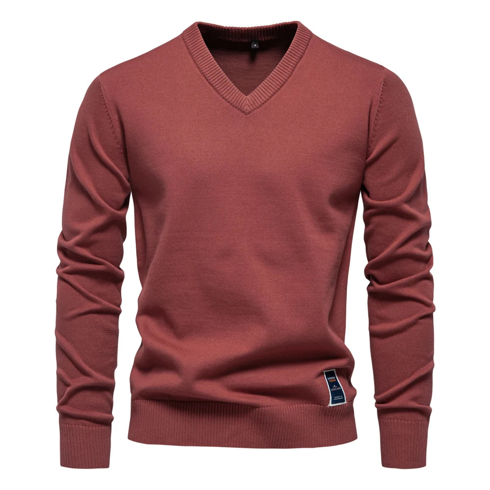 Men’s V-Neck Cotton Pullover Sweater – Casual Knitted Long Sleeve