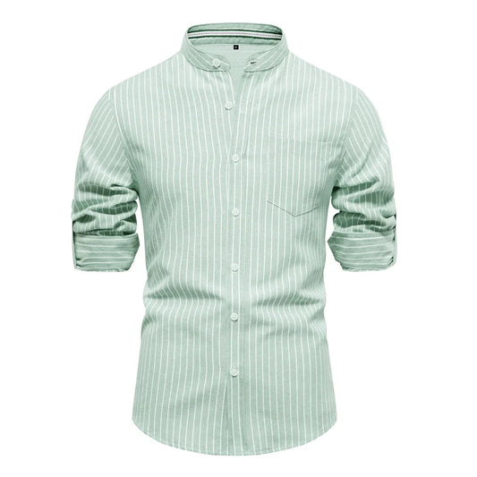 Men’s Solid Color Striped Shirt – Stand Collar Long Sleeve Casual Shirt