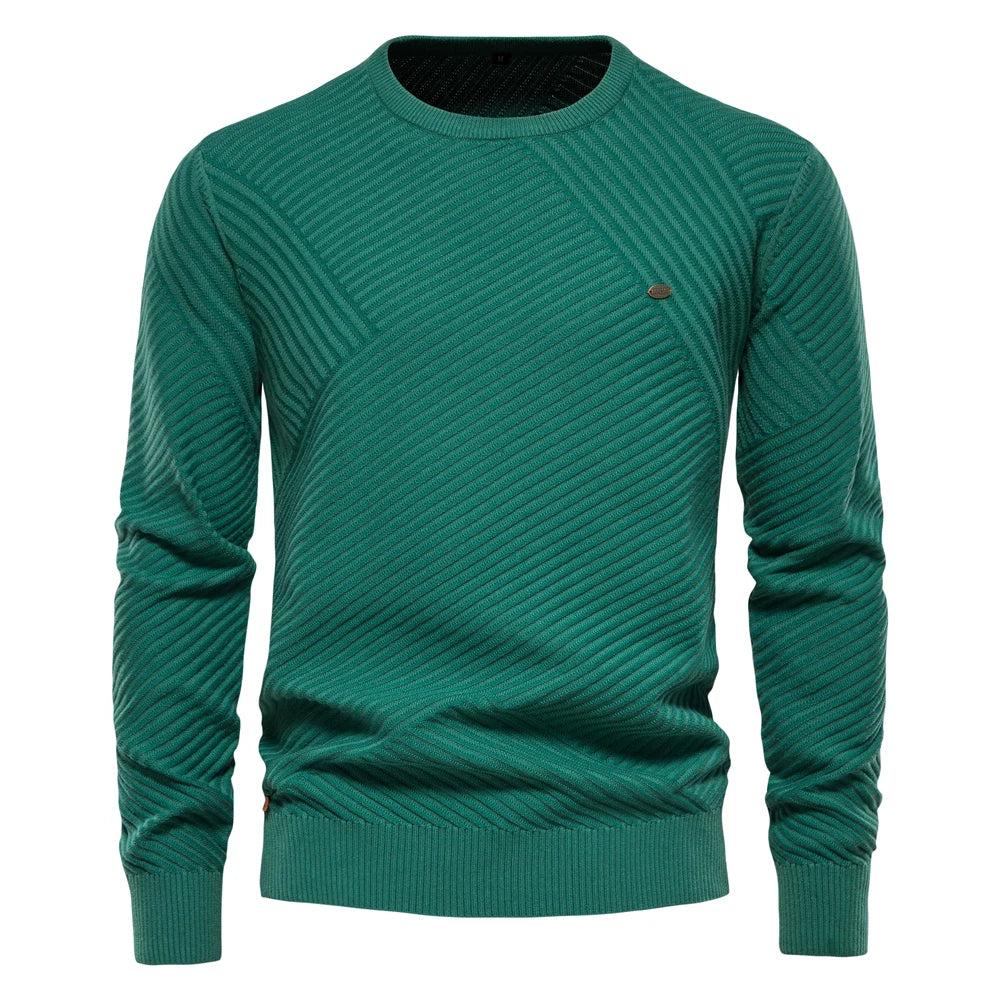 Men's Solid Color Cotton Sweater - Striped O-Neck Knitted Pullover