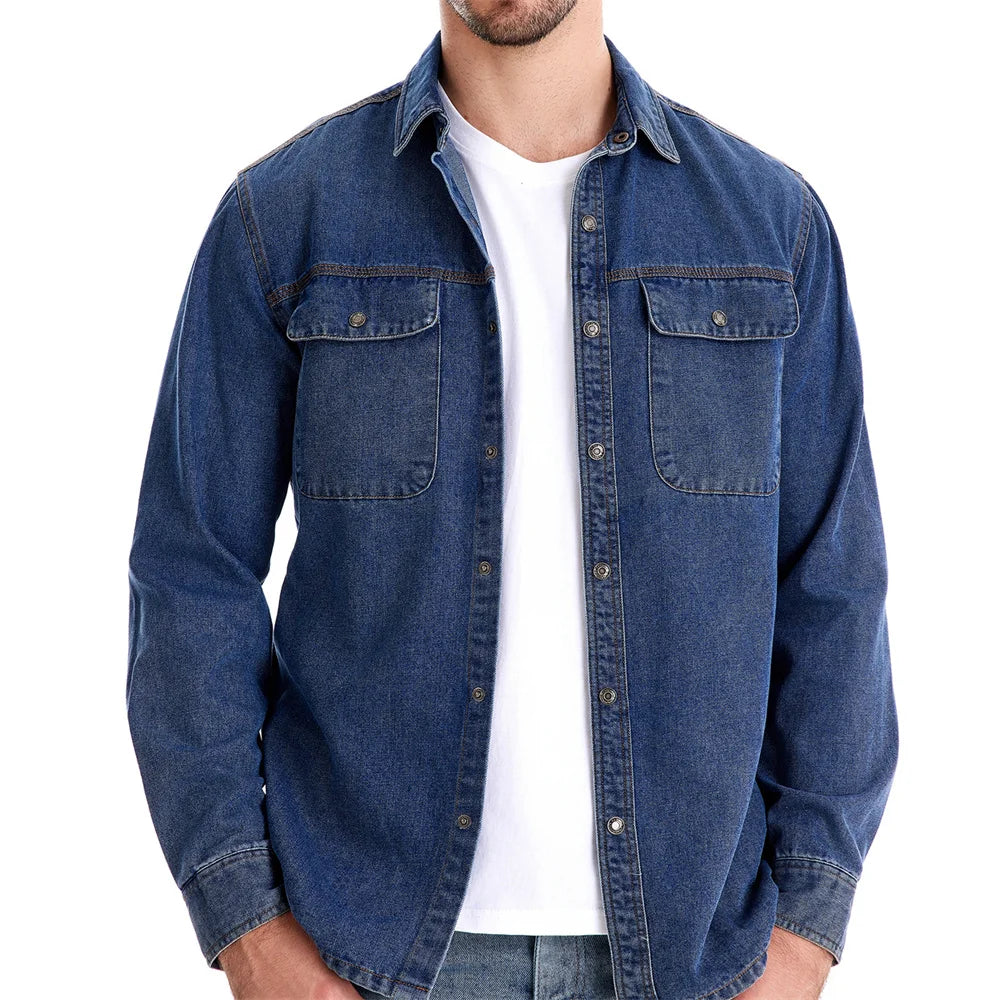 Men’s 100% Cotton Denim Shirt – Long Sleeve Casual Western Style