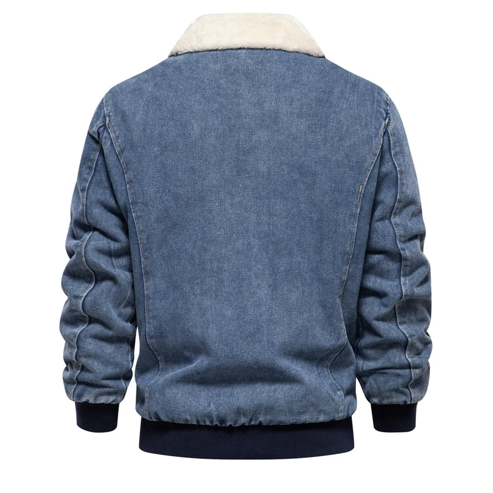 Men’s Autumn Winter Fleece-Lined Denim Jacket – Fur Collar Warm Coat