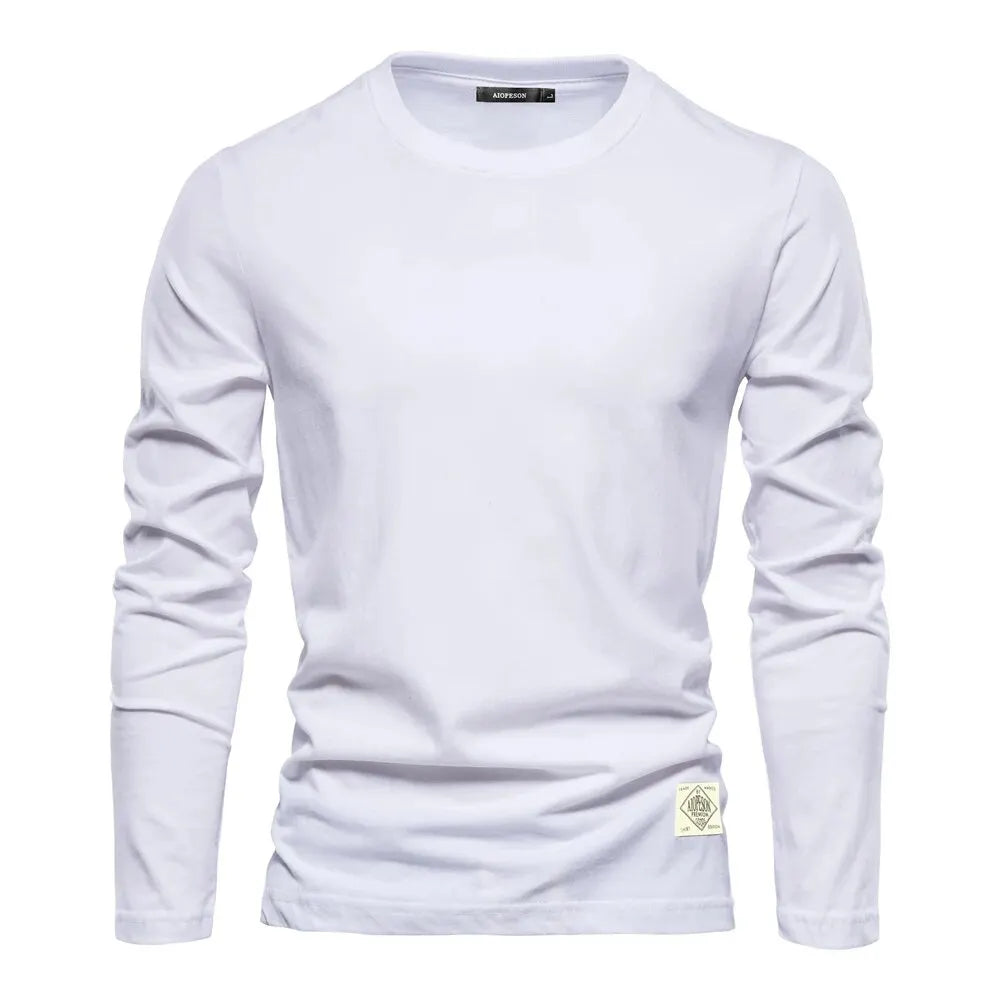 Men’s 100% Cotton Long Sleeve T-Shirt – Solid Casual Spring Classic