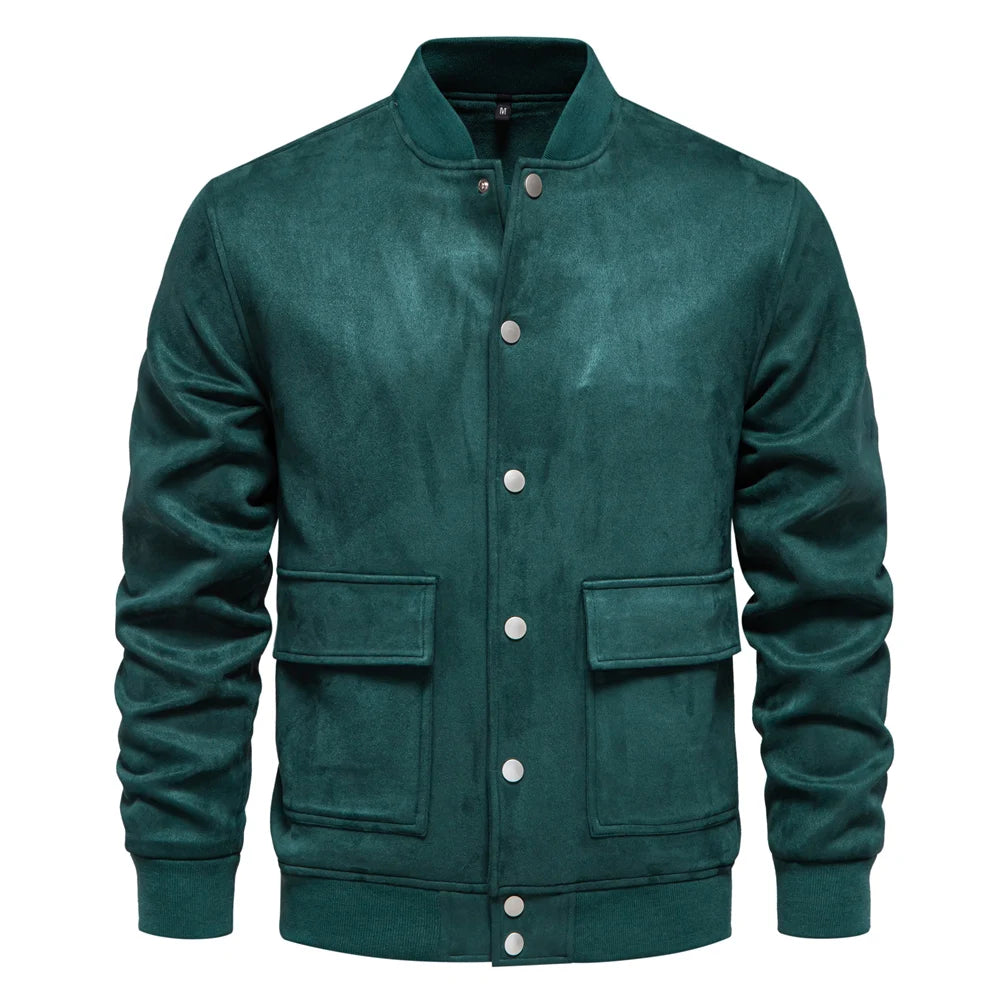 Men’s Suede Button-Up Bomber Jacket – Casual Baseball Style Outwear