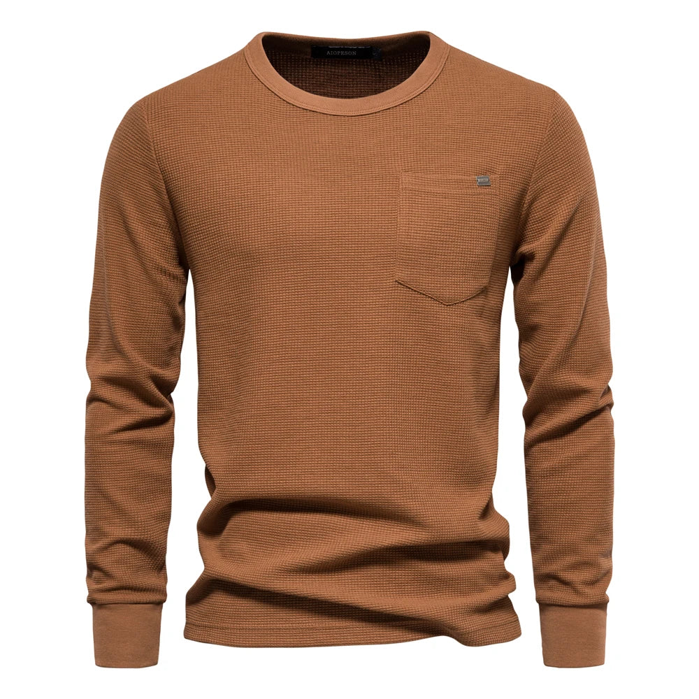 Men's Waffle Cotton Long Sleeve T-Shirt with Pocket - Breathable Spring Basic