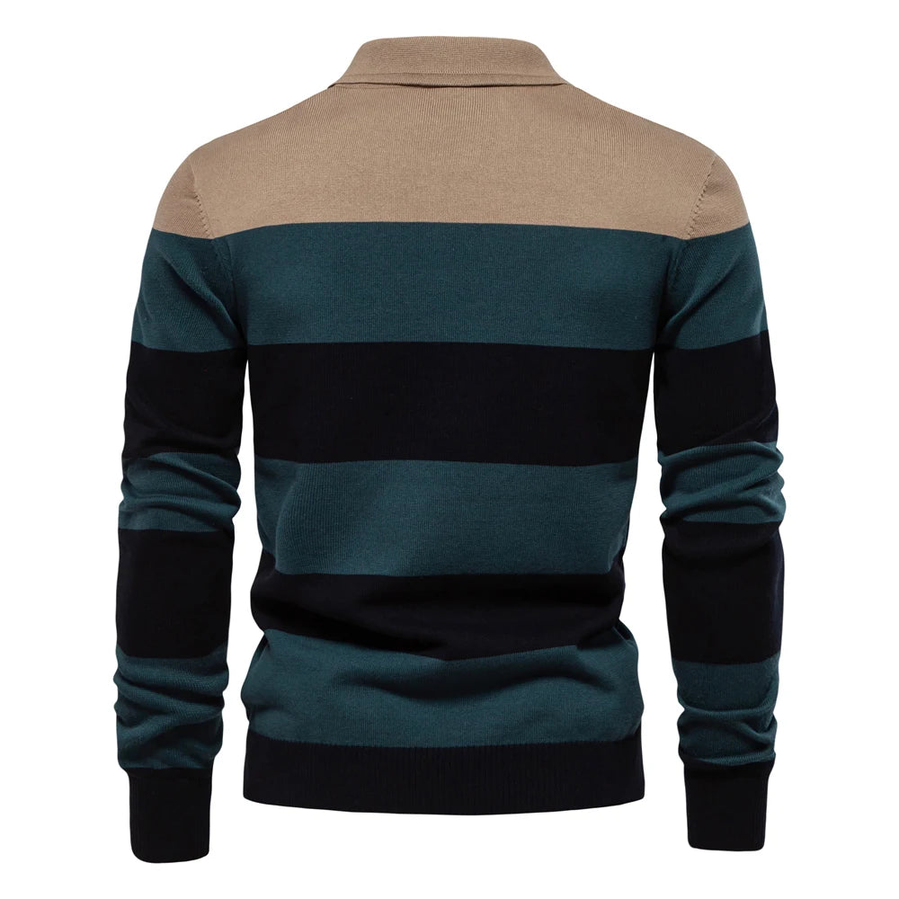 Men's Striped Cotton Knit Sweater – Polo Collar Button-Up