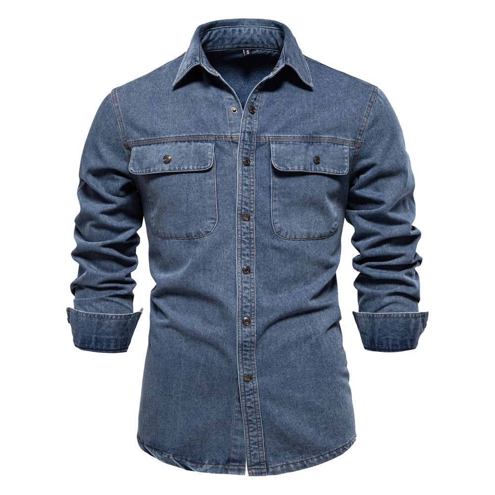 Men’s 100% Cotton Denim Shirt – Long Sleeve Casual Western Style