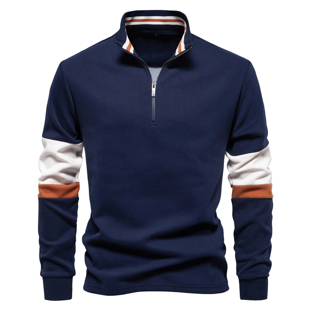 Men's Patchwork Quarter-Zip Sweatshirt - Cotton-Blend Casual Pullover