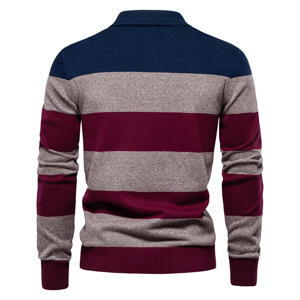 Men's Striped Cotton Knit Sweater – Polo Collar Button-Up