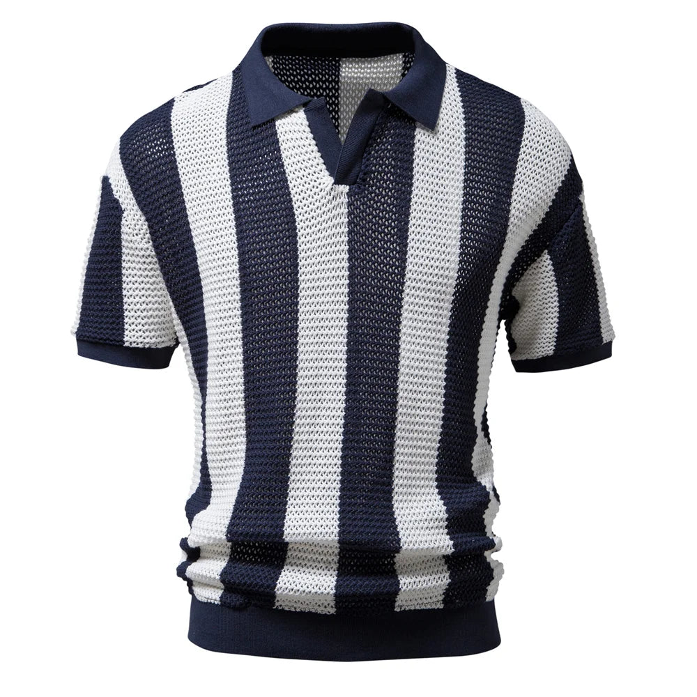 Men’s 100% Cotton Hollow-Out V-Neck Polo Shirt – Short Sleeve Knitted Summer Shirt