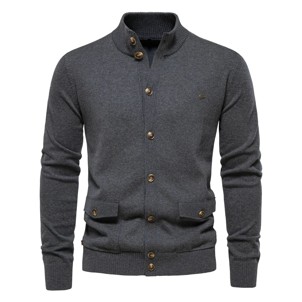 Men’s Knit Mock Neck Cotton Cardigan – Button-Up Autumn Sweater Jacket