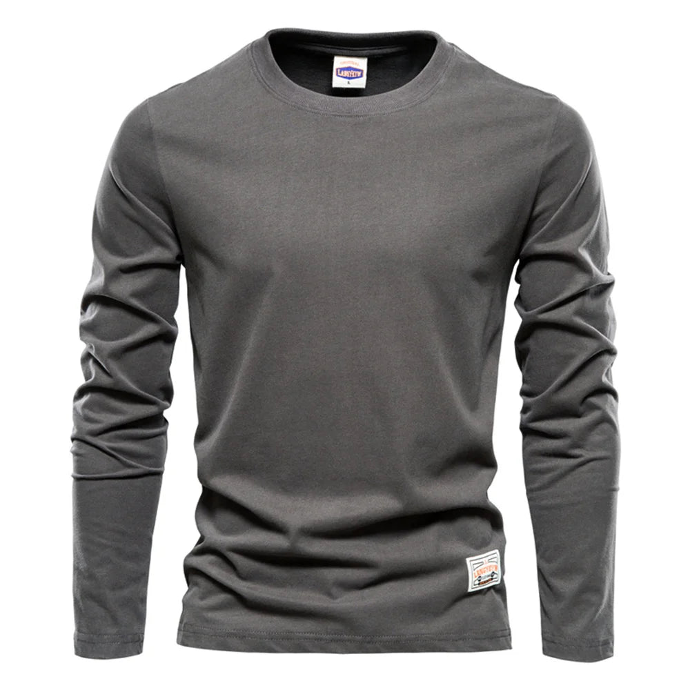 Men’s 100% Cotton Long Sleeve T-Shirt – Solid Casual Spring Classic