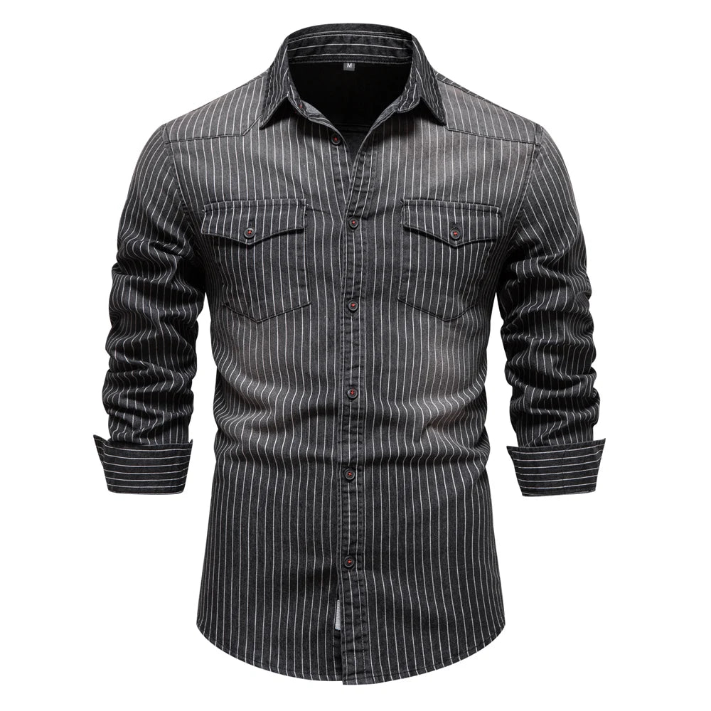 Men’s Striped Denim Shirt – Cotton Stretch Long Sleeve Casual Slim Fit